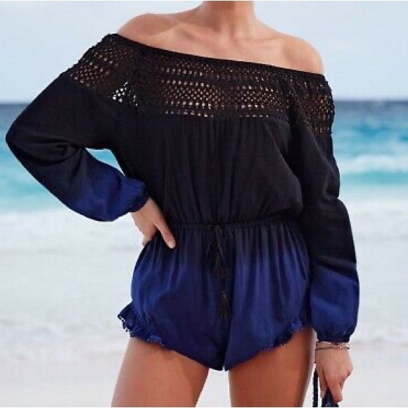 VICTORIA'S SECRET Beach Swim Cover Up Crochet Tassel Romper Ombre Blue B… - Picture 2 of 6